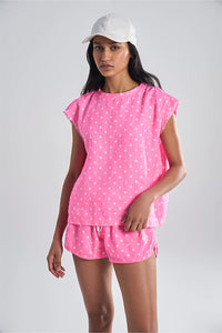 Castaway Lunar Polka Aurora Bubblegum Pink Women's Relaxed Fit Linen T-Shirt
