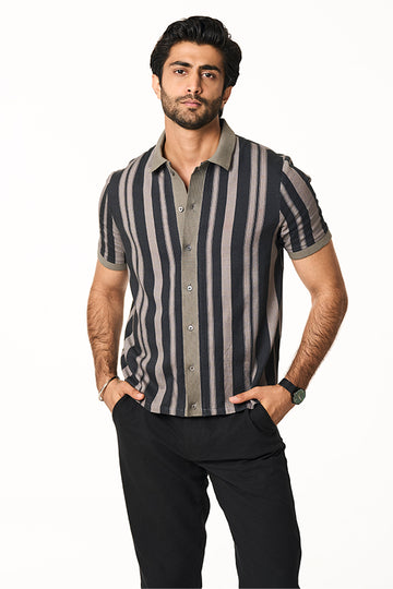Palma Khadi Knit Collar Shirt Tonal Stripe Charcoal S