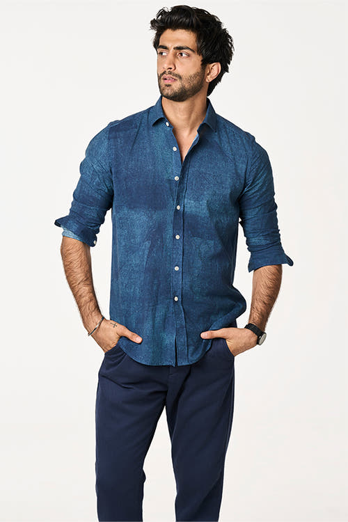 Sola Khadi Shirt Marine Art Ocean Blue S