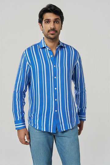 Fabio Linen Shirt Party Stripe Ocean Blue XS