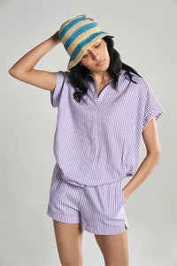 Elba Aurora Lilac Bling Stripe Women's Oversized Fit Khadi Shirt