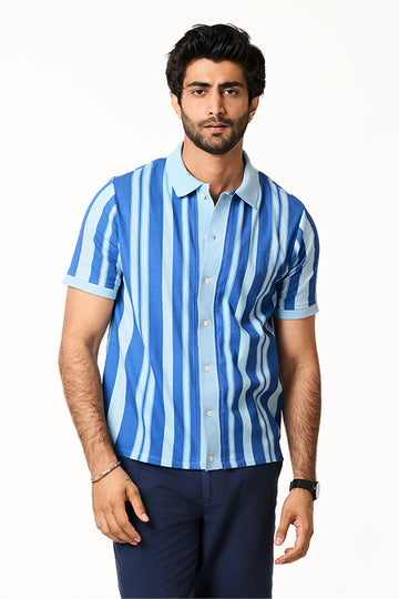 Palma Khadi Knit Collar Shirt Tonal Stripe Ocean Blue S