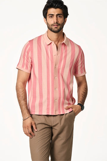 Palma Khadi Knit Collar Shirt Tonal Stripe Pink S