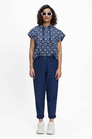 Sadet (Hand Block Print) Mega Moon Bloom Blue