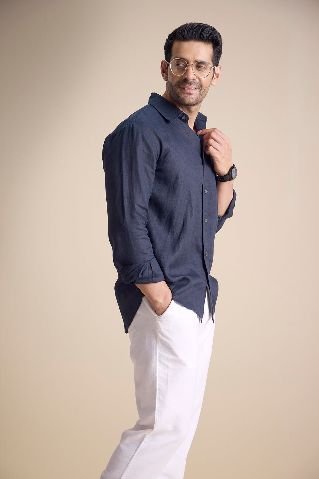 Lago Long Sleeve Town Collar Shirt — Black