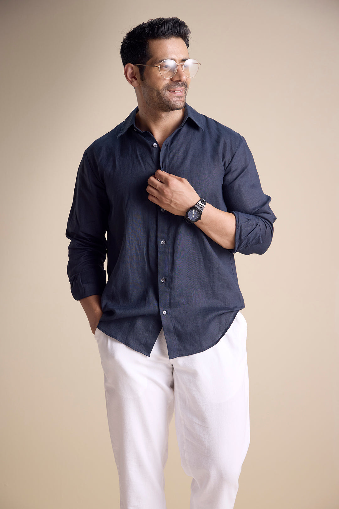 Lago Long Sleeve Town Collar Shirt — Black