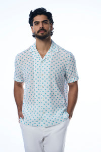 Chriss Ss Khadi Summer Flora Aqua Men's Smart Fit Shirt